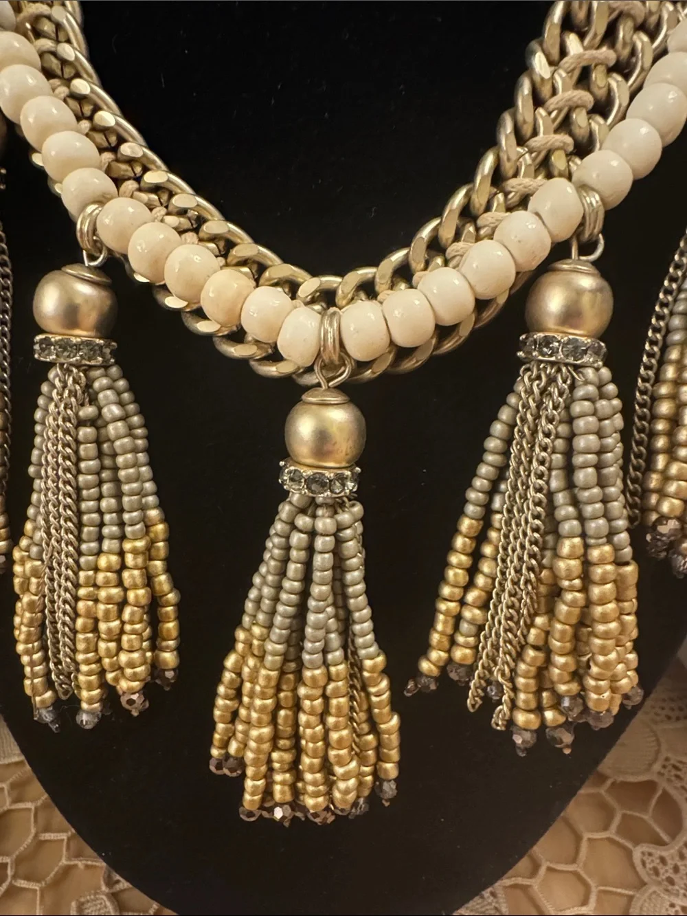 Chicos gold tone Yuna beaded tassel bib statement necklace